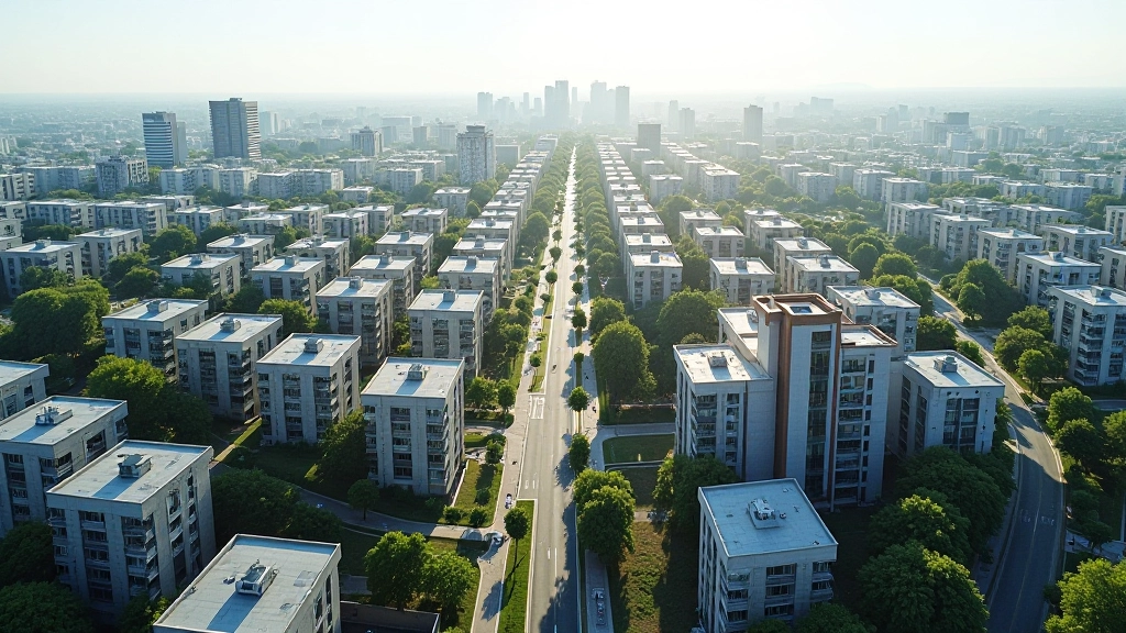 Vue aérienne de quartiers urbains modernes avec bâtiments résidentiels