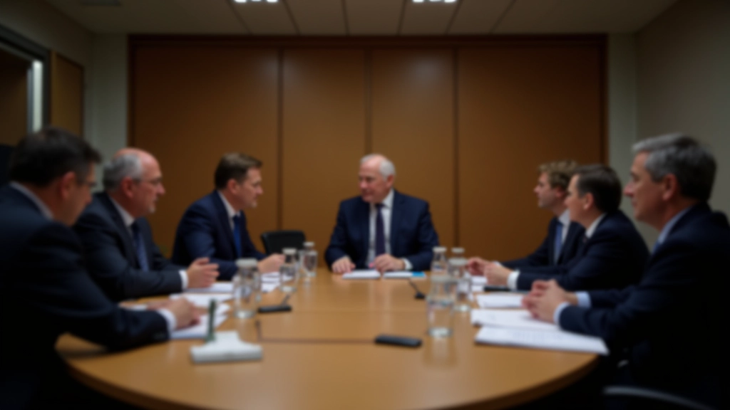 Salle de réunion gouvernementale avec tables de négociation et représentants régionaux