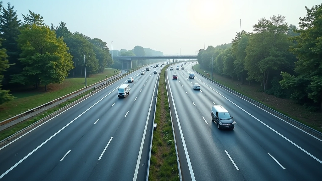Infrastructure de transport routier moderne avec circulation de véhicules et panneaux de signalisation