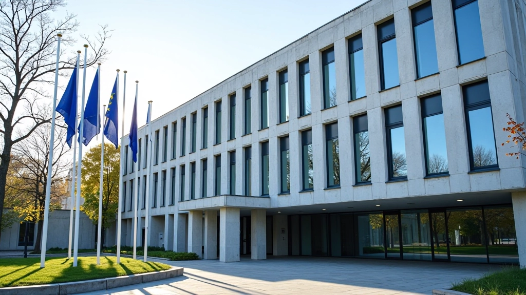 Bâtiment administratif régional avec symboles d'Union européenne et de partenariat