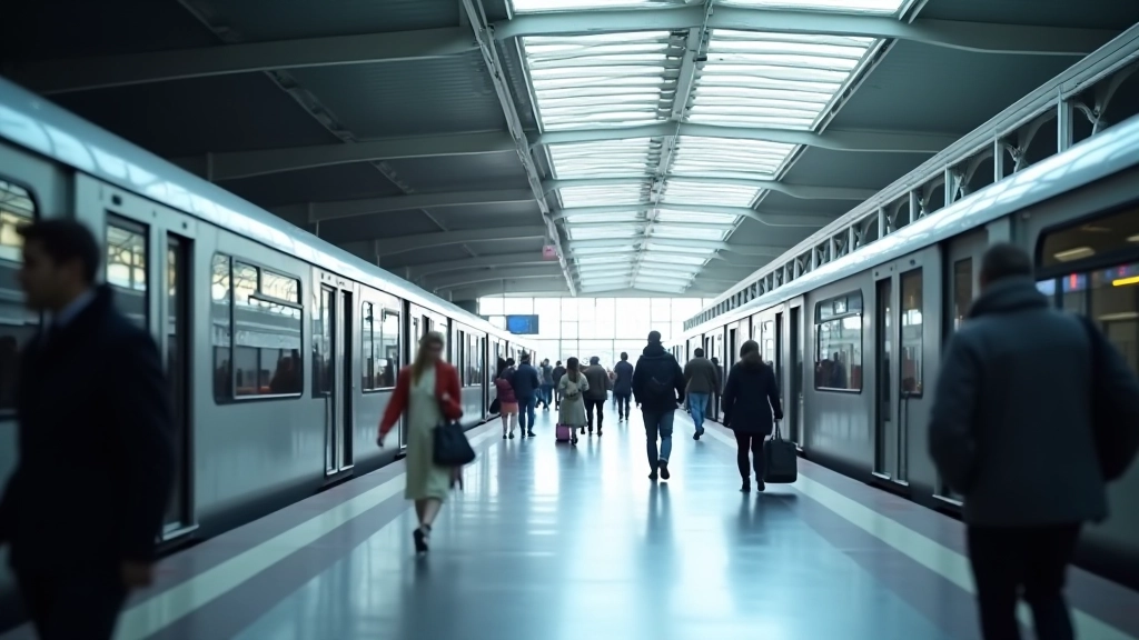 Gare de train avec voyageurs attendant, infrastructure de transport moderne