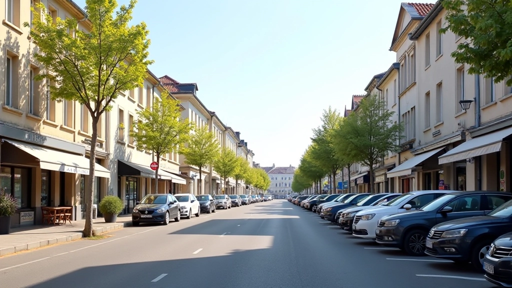 Zone commerciale de petite ville en province avec magasins et parkings