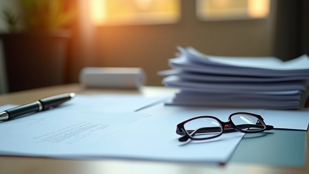 Documents administratifs empilés sur un bureau avec stylo et lunettes