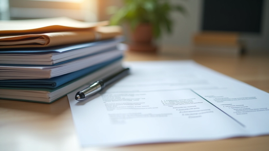 Documents administratifs et contrats empilés sur bureau avec stylo et dossiers colorés